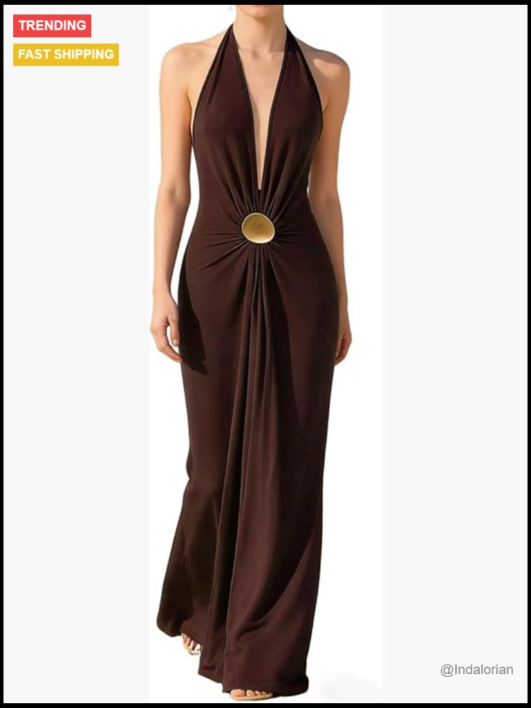 Deep V Neck Halter Maxi Dress Backless Wedding Guest Bodycon Vacation Dress